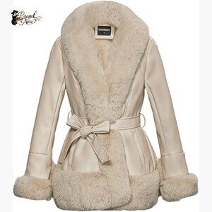 Faux Leather Jacket with Faux Fur Collar, Winter Peplum Parka Coat with Belt